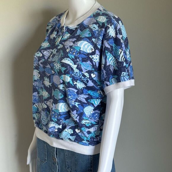 Vintage Fish Print Design Polo Style T-Shirt - Picture 6 of 8